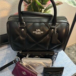 Coach Black Diamond Quilted Rowan Satchel with matching wristlet and card case.